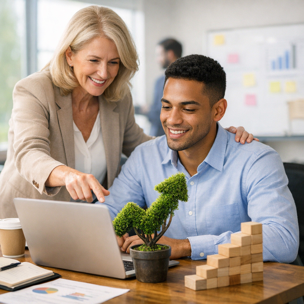 photographic I would like a photorealistic image of an indiviual providing assistance to career builder that provides a sense of nurturing and growth-1